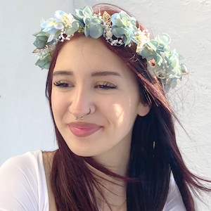 Blue Flower Crown | Handmade Pastel Floral Headpiece with Greenery | Boho Wedding or Festival Hair Wreath