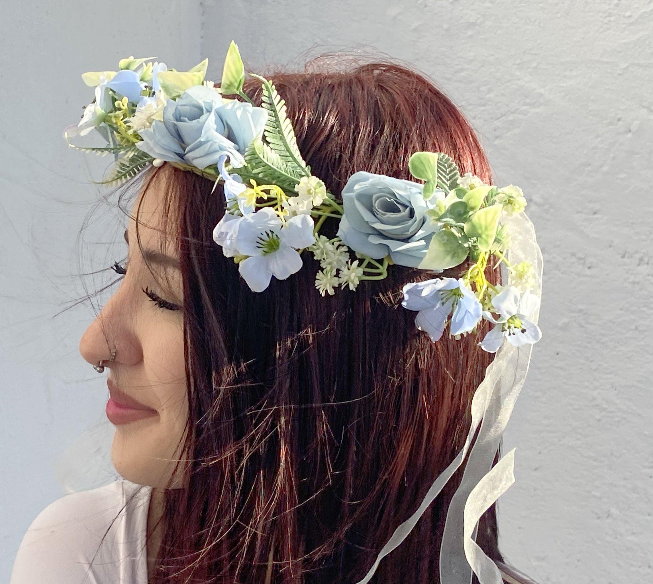 Handgefertigter Blumenkranz-Stirnband Aus Seide – Verstellbar, Blau, Für Hochzeit & Festival