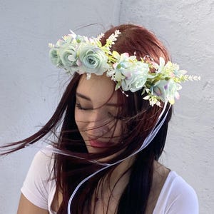 Pastel Blue Rose Flower Crown | Handmade Floral Halo with Pearls & Ribbon | Boho Wedding or Fairy Festival Headpiece
