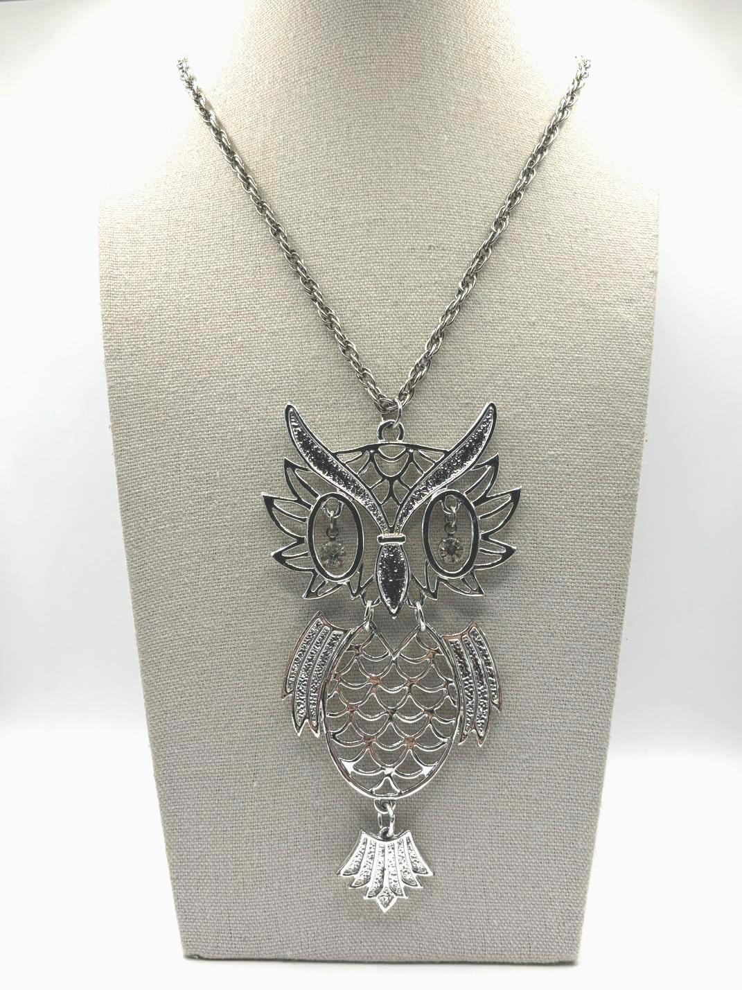 Vintage Large Cutout Articulating Owl Pendant Crystal Eye Charms Silver Tone Chain Necklace