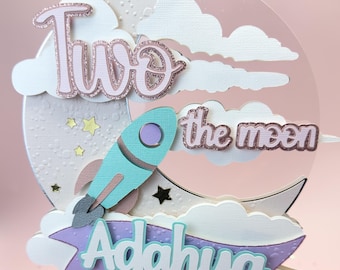 Two the moon Cake topper space cake topper Space birthday moon cake topper rocket ship cake topper
