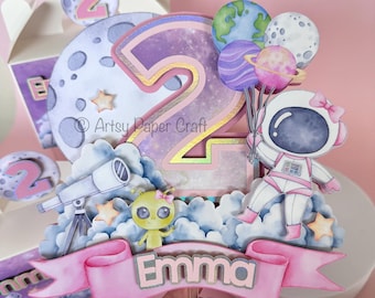Two the moon Cake topper, Girl Outer Space cake topper, Astronaut cake topper, outer space party, space birthday party, Galaxy Space Party