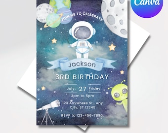 Space Theme Birthday Party Invitation, Galaxy invite, outer space party invite, Astronaut Outer Space boy party rocket party invite