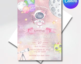Space Theme Girl Birthday Party Invitation Galaxy outer space party invite Astronaut Space Girl party rocket party invite Two the moon