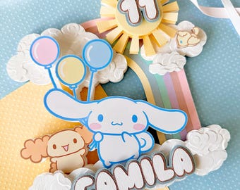 Topo de bolo de rolinho de canela Bolo de aniversário de canela Decoração de festa de canela Coelho kawaii Decoração de festa kawaii