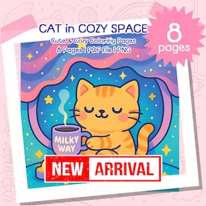 Cozy Cat in Space Coloring Pages: Kawaii PDF Coloring Book (Digital Download