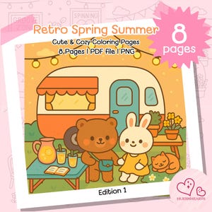 Cozy Moments Coloring, Kawaii Cozy Coloring, Retro Spring Summer Coloring Pages, Cozy Kawaii, PDF Coloring Books Adult, Cozy Adult Coloring