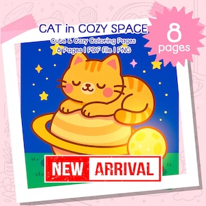 Cozy Cat in Space Coloring Pages: Kawaii PDF Coloring Book (Digital Download