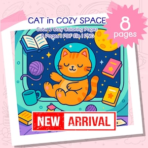 Cozy Cat in Space Coloring Pages: Kawaii PDF Coloring Book (Digital Download)