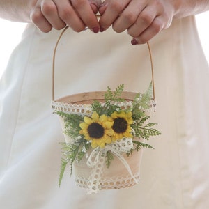 Flower Girl Basket with Sunflowers, Fern and Vintage Lace, Floral Basket for a Flower Girl Rustic Wedding Accessories, Easter Baskets image 4