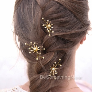 Wedding Hair Pins Star Flower and Champagne Pearl Celestial Bridal Hair Pin Set, Brass Flower Bobbie Pins Hair Jewelry Beaded Headpiece image 2