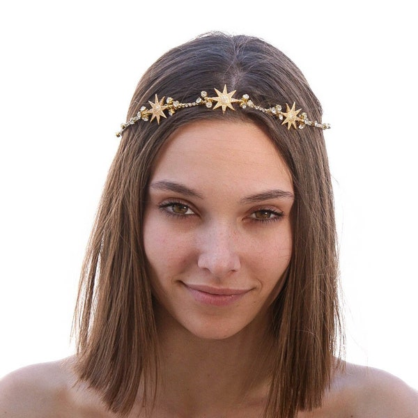 Gold Wedding Headpiece with Golden Stars and Rhinestones, Celestial Wedding Boho Wired Gold Tiara Hair Accessory