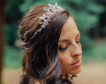 Sale, Silver Leaf Crown Bridal Wedding Tiara with Blush Pink Crystals Wedding Headpiece Metal Hair Accessory, Maternity Photoshoot