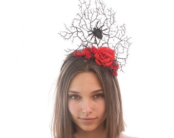 Spider Headband Spider Fascinator Halloween Costume Hair Accessory Black Headband with Red Roses, Adult Halloween Costume Hair Accessories