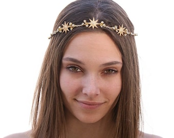 Gold Wedding Headpiece with Golden Stars and Rhinestones, Celestial Wedding Boho Wired Gold Tiara Hair Accessory