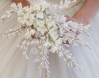 Vintage Wax Flower Bud Bridal Bouquet, Vintage Wedding Bouquet with Pearl Wax Pip Buds in Ivory with Vintage Glass Flowers