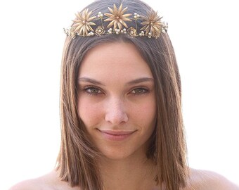 Gold Metal Flower Crown Vintage Brass Flower Tiara with Champagne Pearls Wedding Bridal Headpiece Celestial Wedding Headband