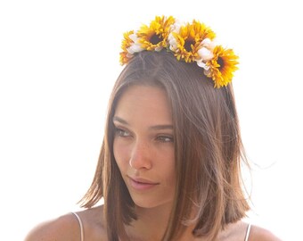 Sunflower Flower Crown in yYellow and White, Day Of the Dead Headband Halloween Hair Accessory Corona de Flores Costume Mexico Frida Kahlo