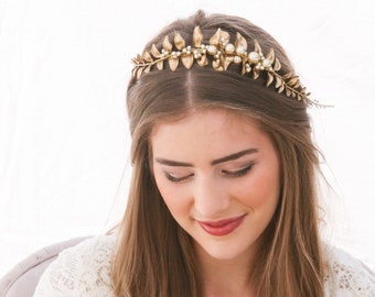 Leaf Headband Golden Leaf and Champagne Pearl Headband Woodland Leaf Wedding Hair Accessory Gold Wedding Headband Headband for Adults,