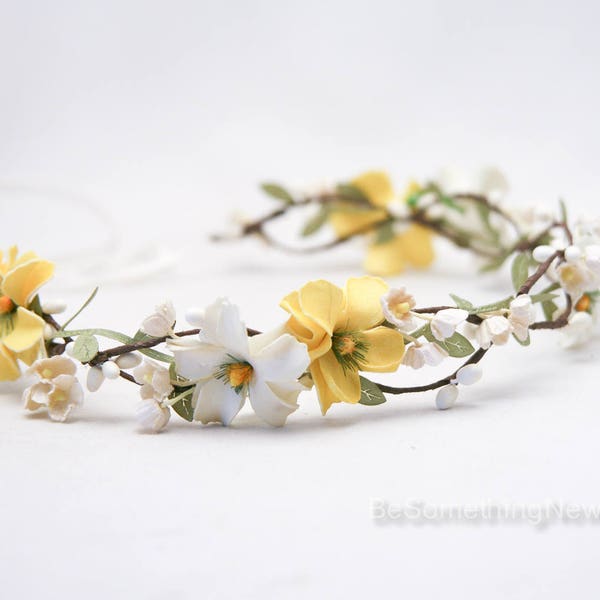 Flower Crown Of Yellow and Ivory Flowers Wedding Hair Yellow Daisy Floral Halo Boho Wedding Bridesmaid or Flower Girl Headband