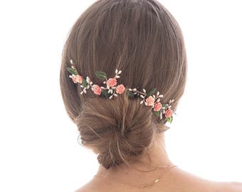 Wedding Hair Vine of Coral Roses Green Leaves and Pearls Rose Gold Wedding Hair Jewelry Flower Crown Back of the Hair Bridal Headpiece