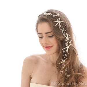 Starfish Extra Long Wedding Hair Vine Beaded Wedding Headpiece with Pearls Rhinestones and Star fish Beach Destination Wedding Headpiece