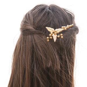 Gold Leaf Wedding Hair Comb: Brassy Metal Leaves & Pearls