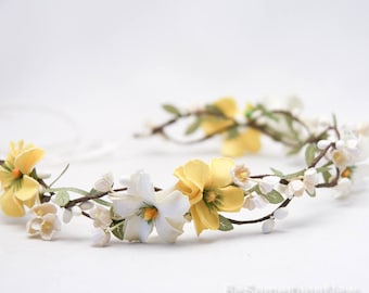 Blumenkrone Gelb und Elfenbein Blumen Hochzeit Haargelbes Gänseblümchen Blumen Halo Boho Hochzeit Brautjungfer oder Blumenmädchen Stirnband