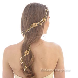 Long Gold Wedding Hair Vine of Wired Pearls and Metal Flowers and Leaves, Bridal Headpiece Gold Hair Wrap, Hair Jewelry Metal Flower Tiara image 6