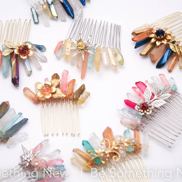 Quarts Crystal Hair Combs in Soft Colors with Gold Accents Festival Hair Accessory Bridesmaids hair