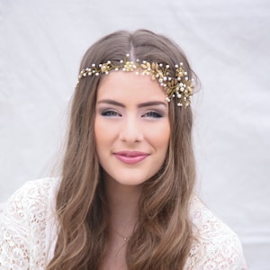 Gold Hair Vine, Brass Flower and Leaf Bridal Headpiece, Golden Hair Accessory, Grecian Hair, Rustic Metal Headband