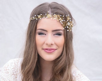 Gold Hair Vine, Brass Flower and Leaf Bridal Headpiece, Golden Hair Accessory, Grecian Hair, Rustic Metal Headband