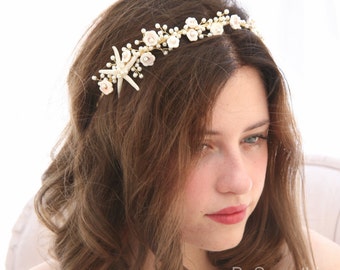 Beach Wedding Starfish and Pearl Headband Wedding Headpiece Destination Wedding Headband Beaded Tiara with Star fish and Shell Flowers