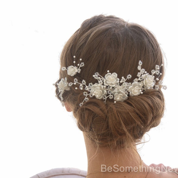 Vintage Flower and Bead Bridal Headpiece Comb Floral Vintage Wedding Hair Comb and Bobby Pins Beaded Headpiece with Pearls and Crystals