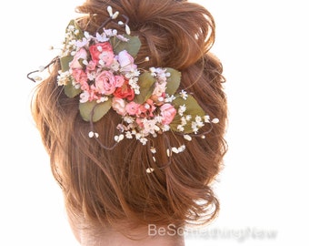 Wedding Flower Hair Comb of Vintage Peach and Coral Flowers Rustic Wedding Headpiece Floral Hair Comb