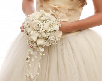 Flower Bridal Bouquet made with Vintage Ivory Wax Flowers Vintage Wedding Bouquet in Ivory with Wax Flower Roses and Ribbon with long trails