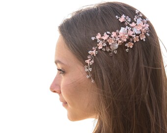 Wedding Beaded Hair Vine of Pink Handmade Flowers, Tiny Pearls and Pink Crystals, Wired Hair Accessory Bridal Headpiece