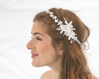 Wedding Flower and Daisy Lace Headband Pearl Tie Headpiece for Weddings in White,  Wedding Hair Bridal Headpiece Lace Headband