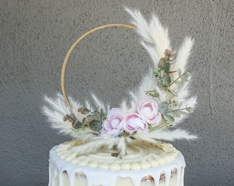 Pampas Grass and Blush Pink Wedding Cake Toper with Eucalyptus and Roses, Ivory and Pink Floral Hoop Wedding Decor