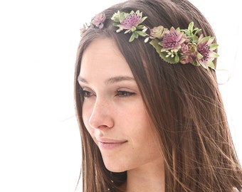 Rustic Flower Crown in Purples and Green with Succulents and Flowers Woodland Wedding Hair Halo Flower Crown Boho Wedding Bridal Hair Wreath