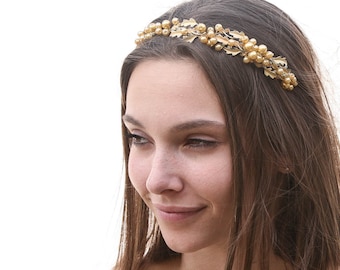 Gold Pearl and Vintage Enamel Leaf Headband, Wedding Hair Accessory Beaded Headband in Gold and Ivory Beaded Bridal Headpiece