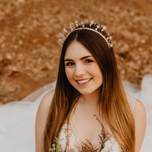 Celestial Wedding Crown of Gold Stars with Rhinestone and Pearls, Boho Tiara image 3