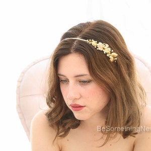 Gold Metal Flower and Leaf Headband, Gold Tiara Hand Painted Beaded Wedding Hair Accessory, Gold Headpiece