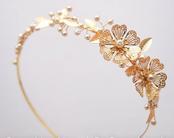 Gold Metal Flower and Leaf Headband Wedding Headpiece Headbands Women Engagement Photo Prop Prom Hair Accessory