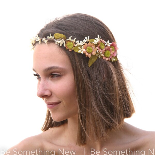 Rustic Floral Hair Vine of Peach and Ivory Daisies Woodland Wedding Hair Halo Flower Crown Boho Wedding Bridal Hair Wreath
