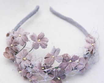 Gray Velvet Floral Headband Vintage Flower Headpiece Flower Crown Mother of the Bride or Bridesmaid Hair Accessory