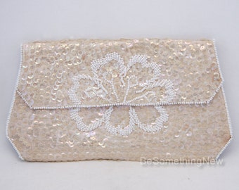 SALE Vintage Sequin Beaded Wedding Clutch in Champagne Ivory Wedding Purse  Made in Japan