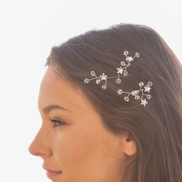 Set of Three Bobby pins of Crystals and Silver Star Rhinestones on Silver Wire, Wedding Hair Accessory