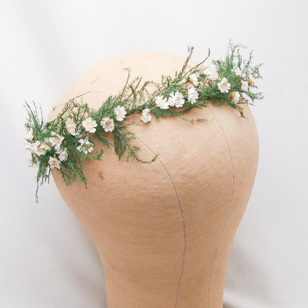 Natural Dried Fern and Dried Flower Woodland Wedding Hair Wreath, Flower Crown