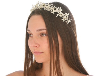 Wedding Tiara with Ivory Flowers, Pearls and Rhinestones, Boho Bridal Headband